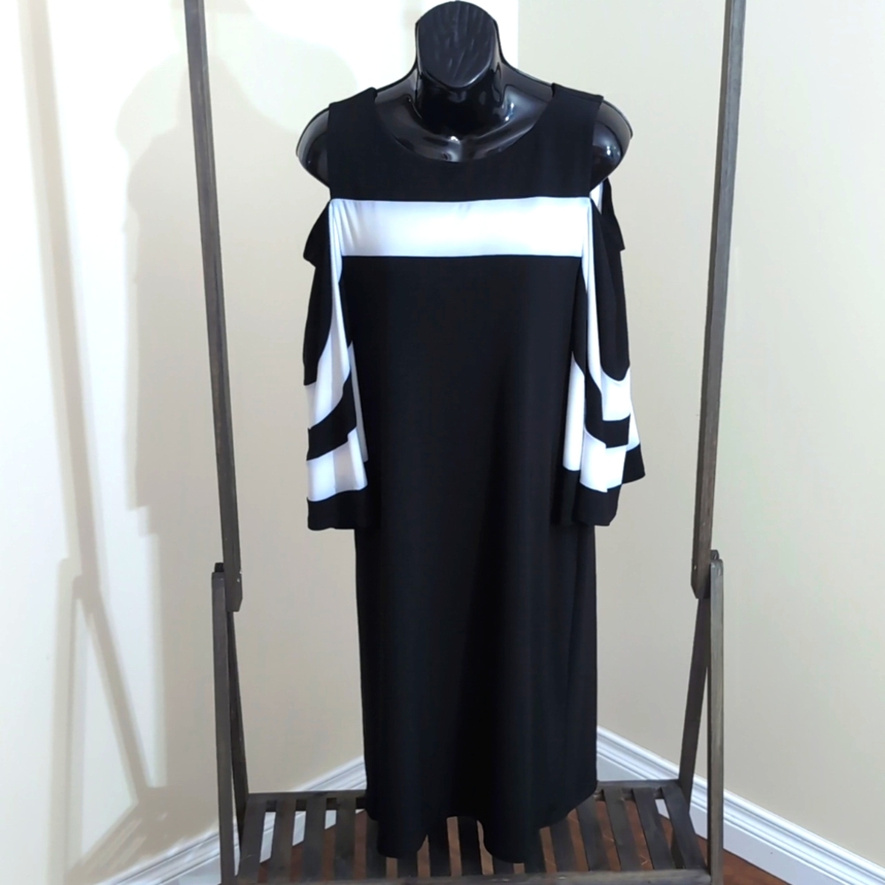 Bali| Black and White Striped Cold Shoulder Dress With Flared Sleeve